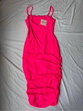 superdown Neon Pink Ruched Midi Bodycon Dress